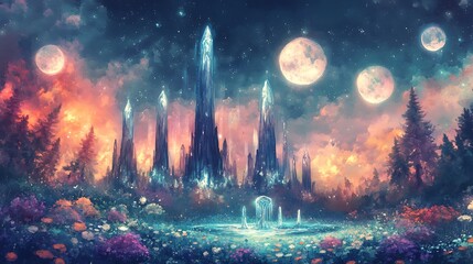 Wall Mural -  towering crystal  a sky full of three moons that glow softly