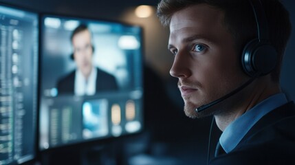 Young man wearing a headset, looking at his monitor and communicating with colleagues in an international meeting.