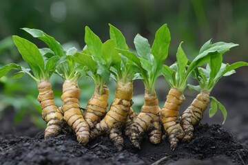 Wall Mural - aromatic asian herbal plant roots turmeric raw and fresh with young new leaves growth growing in bundle after leaving outdoor over a rainy week , ai