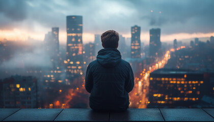 Wall Mural - person sitting on a rooftop overlooking a misty cityscape at dusk, reflecting on urban life and solitude amidst the lights of a bustling metropolis