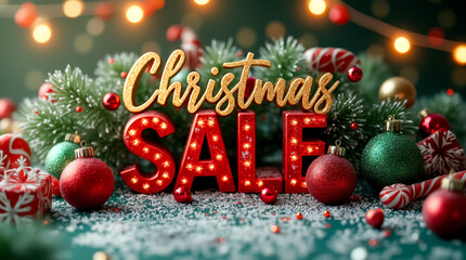 Wall Mural - This captivating display showcases a Christmas sale, featuring glowing letters amidst colorful ornaments, holiday decor, and twinkling lights that evoke festive cheer