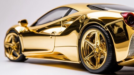 Luxury expensive gold metallic car parked on white background. Sport and modern luxury design car. Shiny clean lines and detailed back view of modern automotive. Automotive advertising banner.