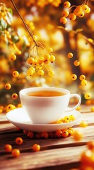 Cup of tea with sea buckthorn berries on the table, 3D rendering 