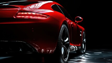 Luxury expensive red car parked on black background. Sport and modern luxury design car. Shiny clean lines and detailed side view of modern automotive. Automotive advertising banner.