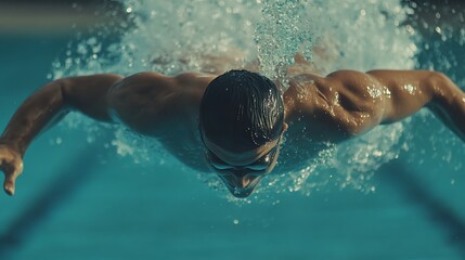 Poster - A swimmer does the butterfly stroke in a pool.