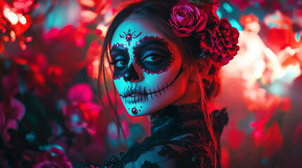 Halloween Vibes: Mysterious Woman with Skull Makeup and Floral Headpiece. Cinematic image. Generative AI. 