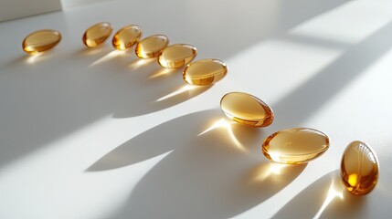 A clean, minimalist arrangement of Omega 3 fish oil capsules on a white surface, with their shiny, golden color standing out.