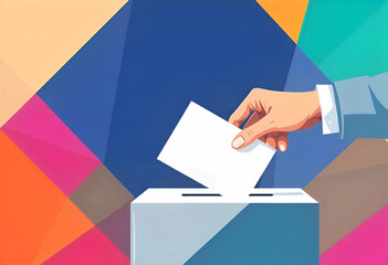 Wall Mural - A ballot is placed into a voting box by a person in a colorful geometric background.