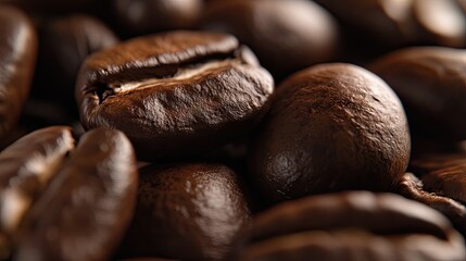 A detailed shot of roasted coffee beans, focusing on their rugged surfaces and dark brown shades, evoking the aroma of freshly brewed coffee.