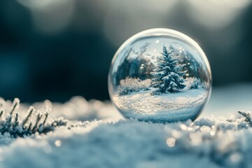 A crystal ball reflects a snowy tree amidst a tranquil winter landscape, highlighting the beauty of nature in cool tones