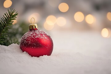 A vibrant red ornament covered in snow sits next to pine branches, with warm lights glowing softly in the background, celebrating the holidays