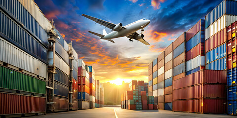 Freight airplane flying above overseas shipping container , logistics, supply chain management, international trade