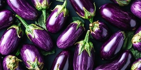 Poster - A vibrant collection of glossy purple eggplants displayed together. This image showcases their rich color and fresh appearance, perfect for culinary or natural food themes. AI