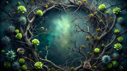 
Gothic dark fantasy background bordered with dry branches, thorns, ivy and light green flowers. Worn old grunge black background framed by ugly dead branches and thorns. pop color contrast