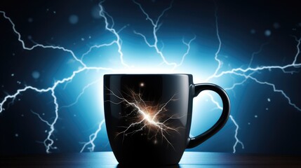 A cup of coffee is imbued with a bright flash of lightning. Energizing hot drink on a dark background.