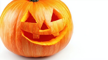 A close-up of a Halloween pumpkin with intricate carved details isolated on a white background. This high-resolution, festive design captures the spooky essence of Halloween, showcasing the vibrant or