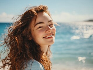 Beautiful happy woman relaxing on the beach. Vacation time by the sea.