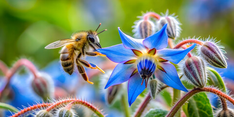 Vibrant close-up of common borage flower in full bloom with bee collecting pollen , borage, Borago officinalis, beebread