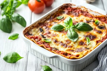 Italian lasagna casserole with firm tofu, mushrooms, tomato sauce baked on the oven, served on a baking dish with fresh basil on a white wooden background, close-up , ai