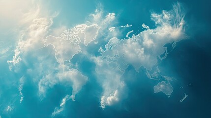 Aerial shot of clouds and smoke merging together, crafting the shape of a world map against a bright blue sky backdrop. The continents appear faint but distinct.