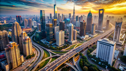 Aerial view of a bustling global city with skyscrapers and highways, global, cityscape, urban