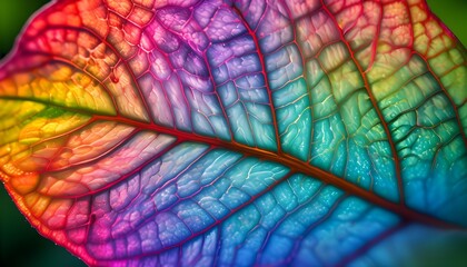 Wall Mural - Iridescent veins of a leaf showcasing vibrant colors in intricate detail