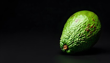 Ripe avocado with green skin and subtle brown tint against a black background