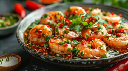 Top Table View Shrimp soaked in fish sauce Spicy, salty and sour Thai appetizers 