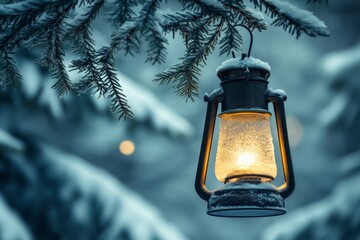 A warm light from a lantern illuminates the snow-laden branches of a pine tree, creating a cozy winter atmosphere