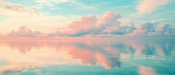 Soft pastel pink clouds reflecting on a calm turquoise sea at dawn creating a peaceful and serene atmosphere