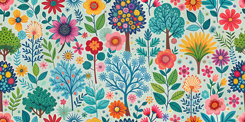 Seamless patterns of colorful flowers and trees background, floral, nature, botanical, garden, spring, summer, foliage