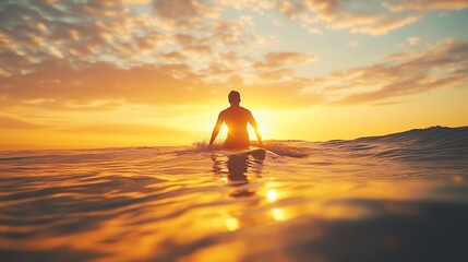 Poster - A surfer sits on their surfboard in the ocean at sunset.