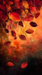 Wall Mural - A digital painting depicting autumn leaves in various shades of red, orange, and yellow on an abstract background