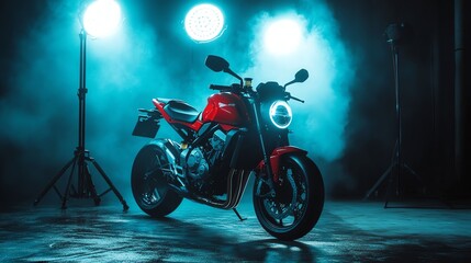 Wall Mural - a red motorcycle in a studio, lit by spotlights.