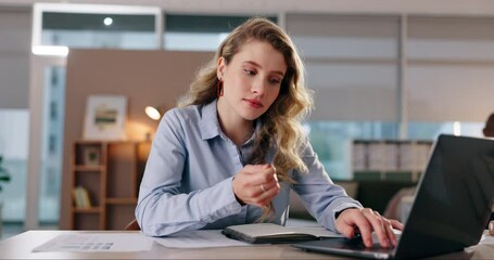 Poster - Business, woman and credit card with laptop in office for reading, bank information and online shopping on website. Female person, fintech pin and e commerce for payment service of financial budget