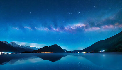 The serene night sky with stars shining bright, mountains and horizon in harmony.