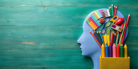 Colorful and modern education background with abstract human silhouette and school supplies, education