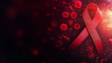 World AIDS Day flat design with [red ribbons] and [medical symbols] on [dark red] background.