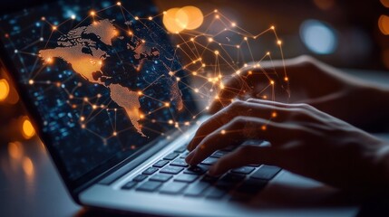 Close-up of a person typing on a laptop, with an overlay of a world map showing connected countries.