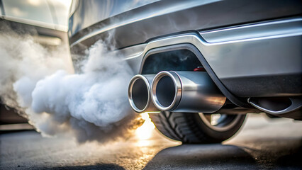 Close up of car exhaust emitting carbon dioxide pollution into the environment