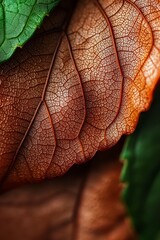  A close-up of a single leaf with two green leaves on opposite sides