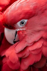  A tight shot of a red parrot's head and body, showcasing a white beak and a black eye