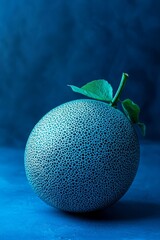 Wall Mural -  A blue fruit, closely framed, with a green leaf atop, against a backdrop of blue