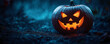 © MCGORIE - Halloween pumpkin in a dark forest, spooky background with a glowing jack-o'-lantern and a foggy night sky.