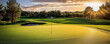© MCGORIE - Beautiful golf course with green fairway and flag on the side, golden hour lighting, beautiful sky, trees in the background, wide shot.