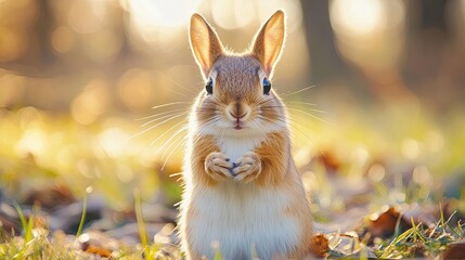 A cute chipmunk sits up on its hind legs and looks directly at the camera, with a blurred background of grass and leaves.