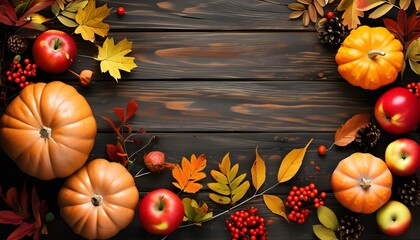 Wall Mural - Rustic Autumn Harvest Table Setting with Pumpkins, Apples, Leaves, and Berries for Thanksgiving Celebration and Seasonal Decor