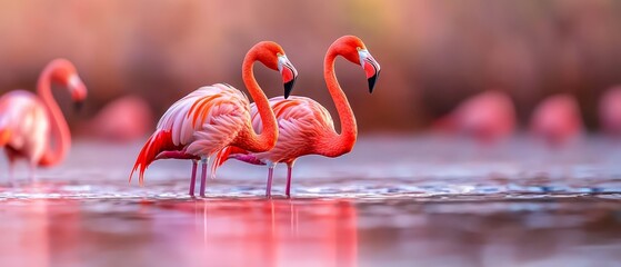  A collection of pink flamingos atop a water body, facing a group of their kind beside it