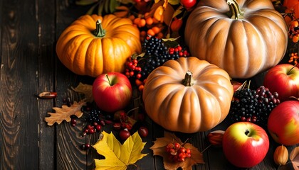 Sticker - Rustic Autumn Harvest Table Setting with Pumpkins, Apples, Leaves, and Berries for Thanksgiving Celebration and Seasonal Decor