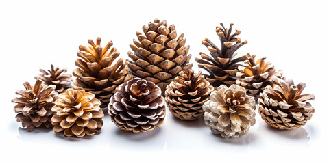 collection of small pinecones for christmas tree decoration isolated on background, christmas, pinec